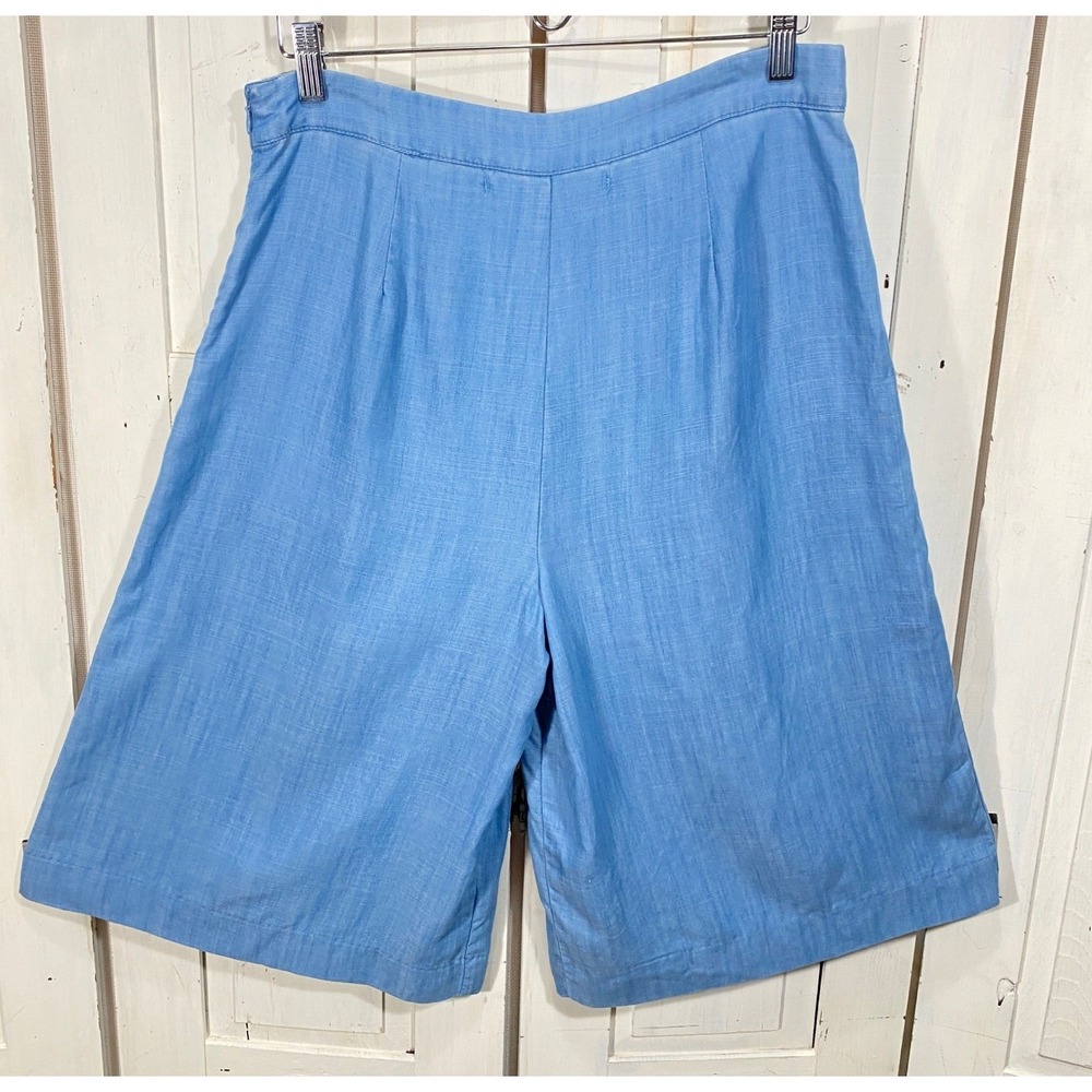 Blue High Waisted Wide Leg Culotte Pants Pleated Chambray 29W Flowy Airy Boho - Picture 3 of 11
